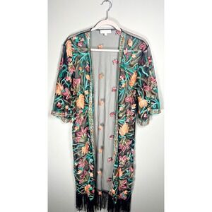 Rebellion Again M Black Tulle Embroidered Floral Kimono Sleeve Fringe Duster